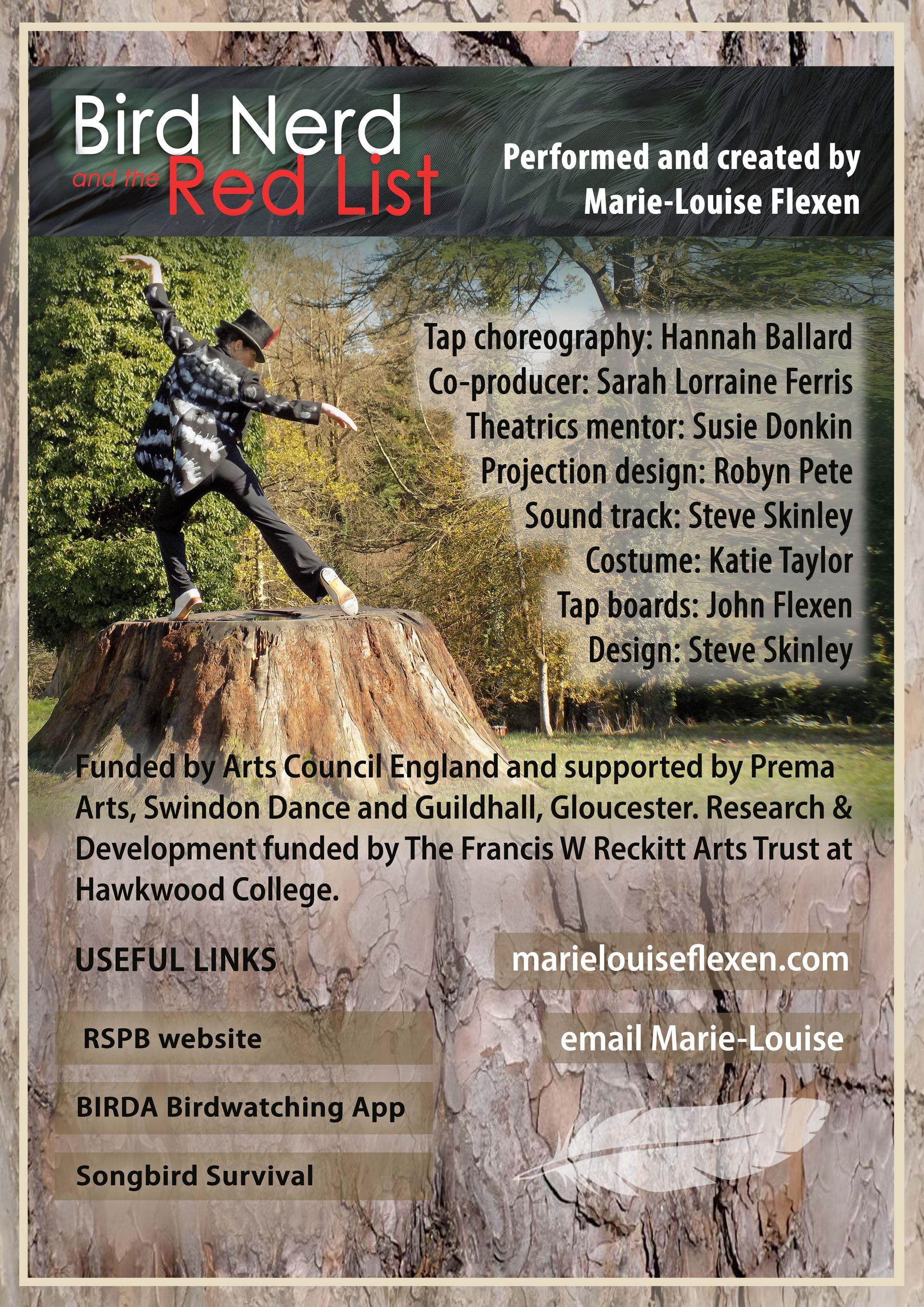 Bird Nerd Red List poster with a bird perched on a branch and event details on a forest background