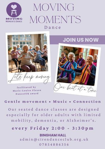 Purple event flyer for “Moving Moments” with photos of people dancing and “Join Us Now” text