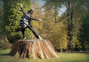 Person posing on a large tree stump in a sunny park with autumn trees.