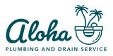 Aloha Plumbing and Drain Service logo in teal with palm trees and a toilet bowl icon