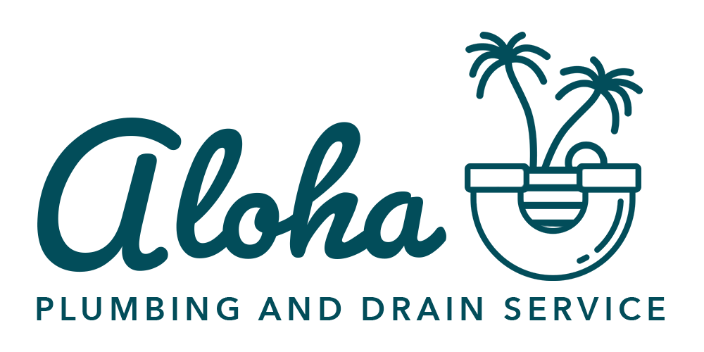 Aloha Plumbing and Drain Service logo in teal with palm trees and a toilet bowl icon
