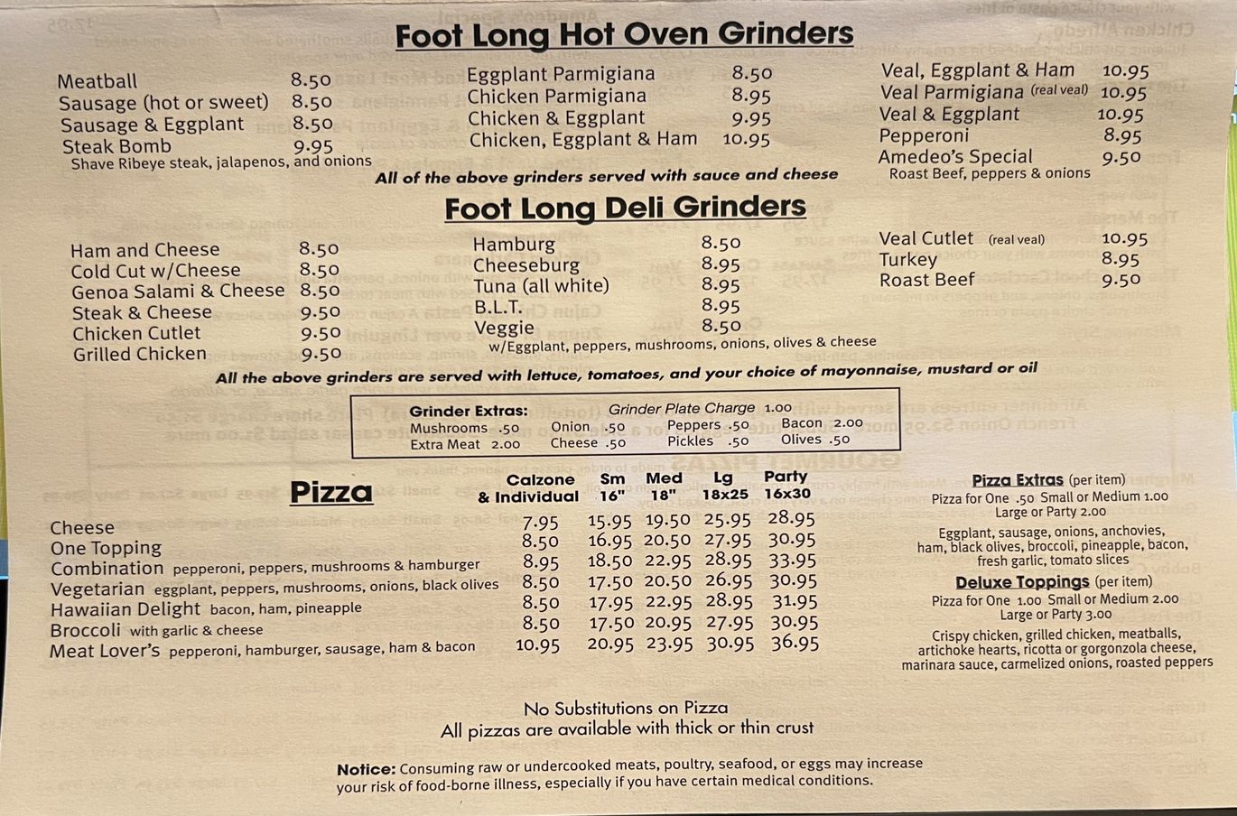 Amadeo's Foot Long Menu — Holyoke, MA —  Amedeo's