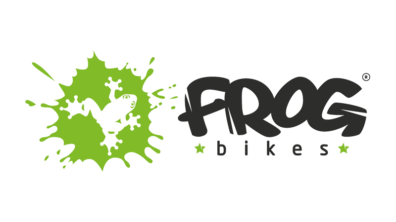 Frog Bikes logo: a green splat with a white frog, next to the word