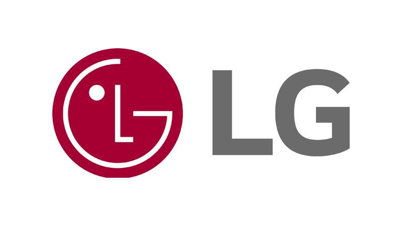 LG logo: red circle with a stylized face, next to grey