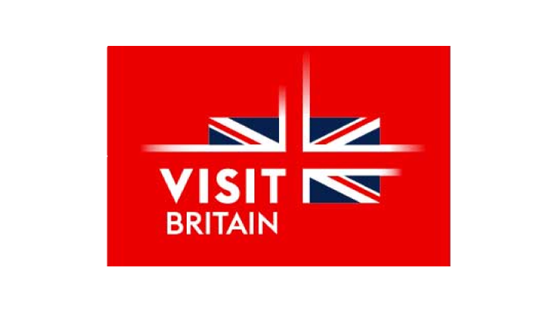 Visit Britain logo on a red background; Union Jack flag;