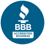 Blue circular badge with the white Better Business Bureau (BBB) torch logo and the text