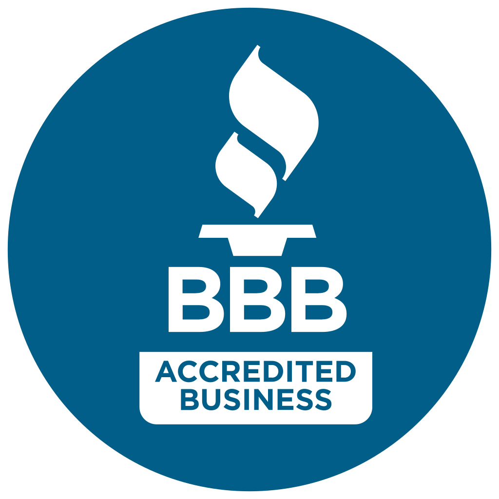 Blue circular badge with the white Better Business Bureau (BBB) torch logo and the text