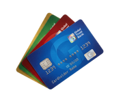 A stack of four credit cards in blue, red, green, and gold, fanned out against a white background.