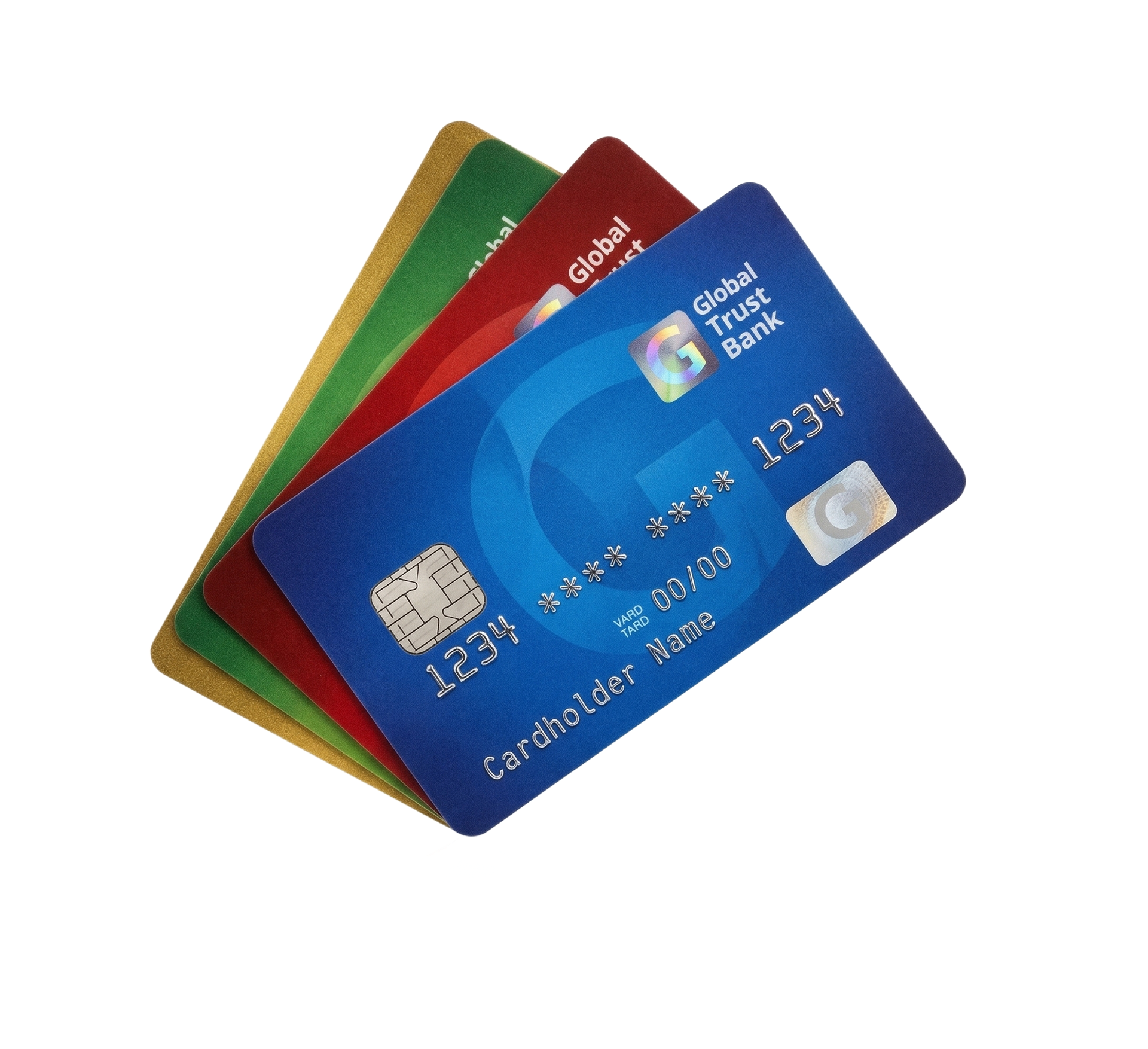 A stack of four credit cards in blue, red, green, and gold, fanned out against a white background.