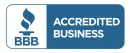 Blue and white BBB Accredited Business logo featuring the torch icon.