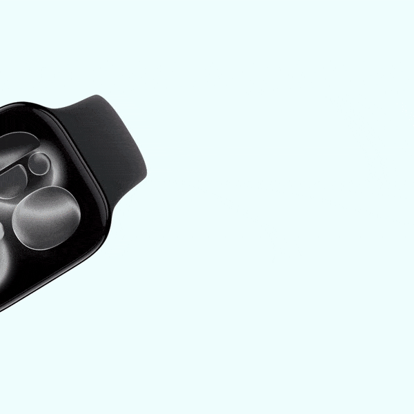 Smartwatch with black band and spherical interface elements on a light blue background.