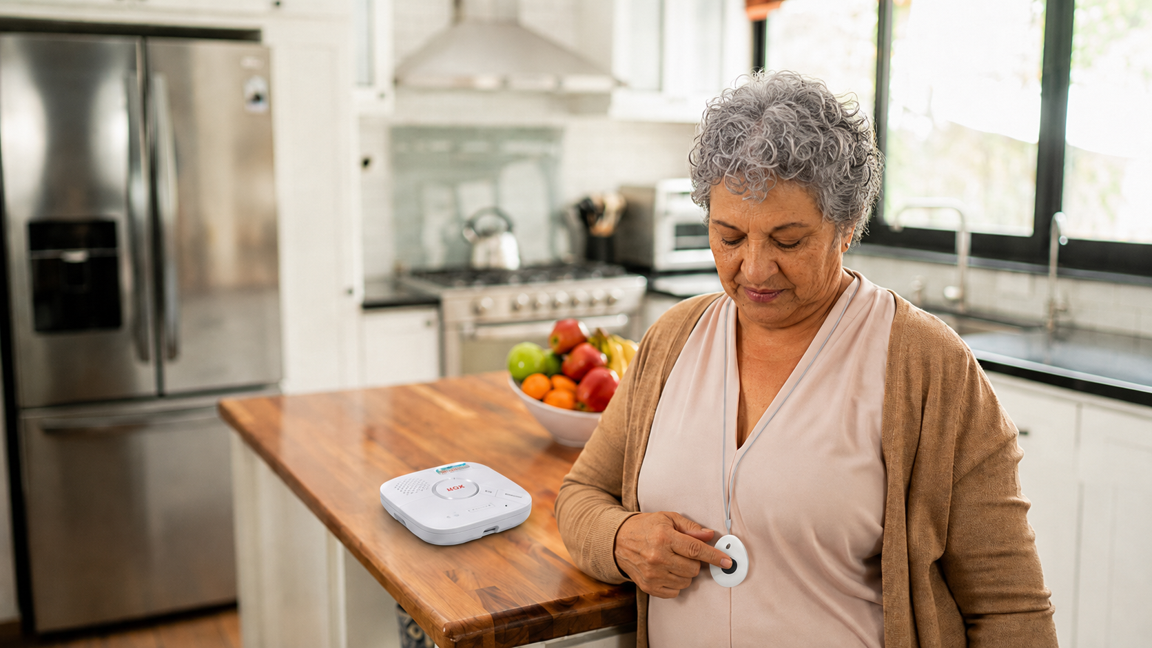 Older woman using a personal alarm at home as assistive technology. 