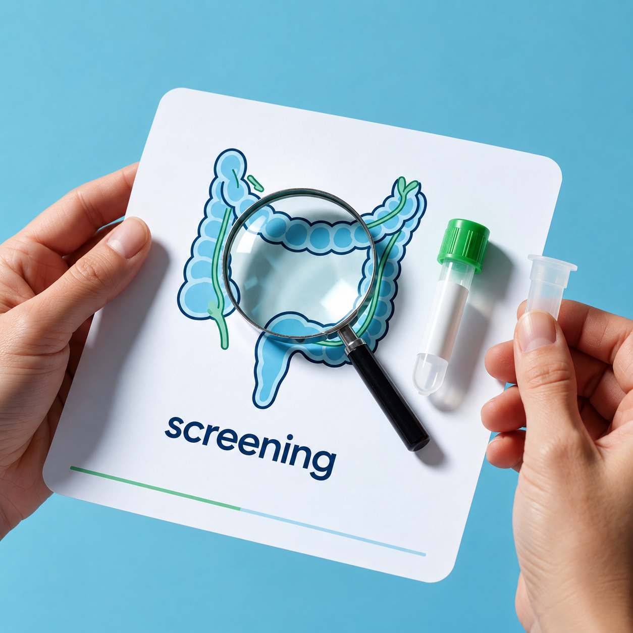 Hands holding a screening card with a magnifying glass over a colon illustration and sample tubes on blue background