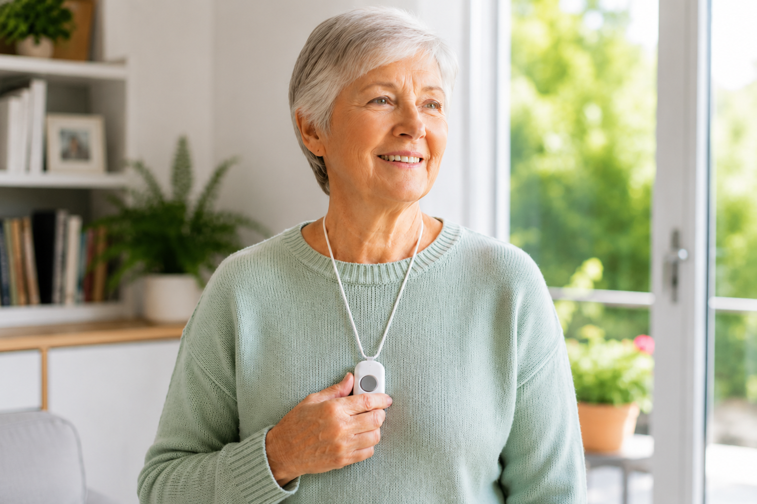 Older woman wearing a personal emergency alarm pendant at home