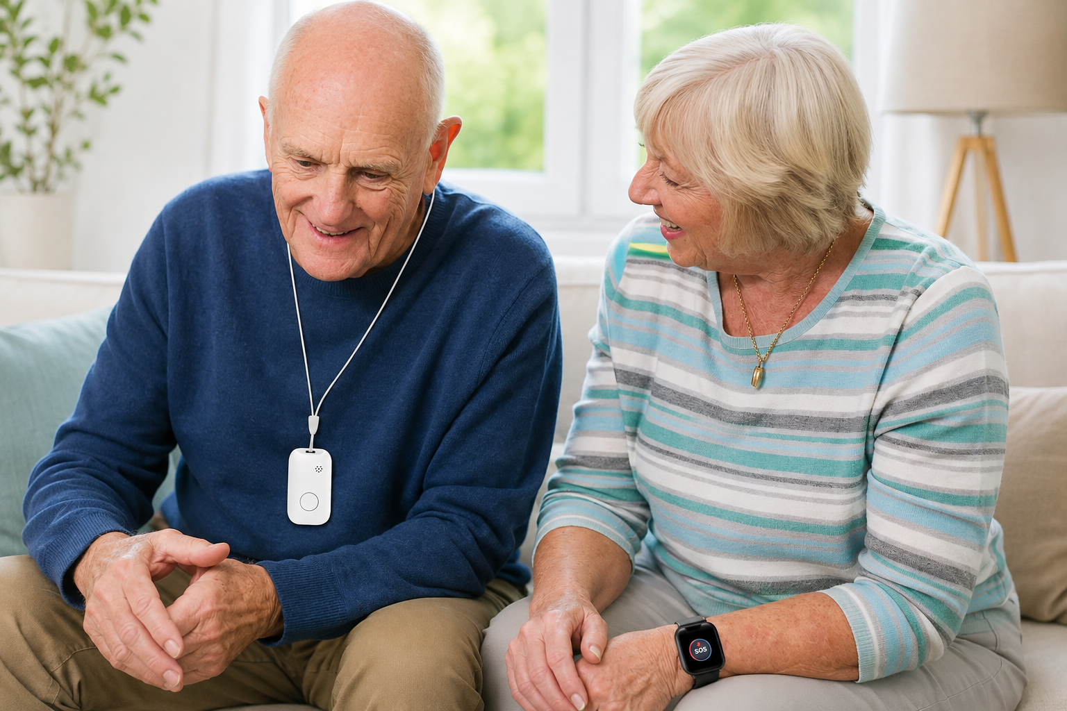 Older couple using monitored personal alarms for safety at home