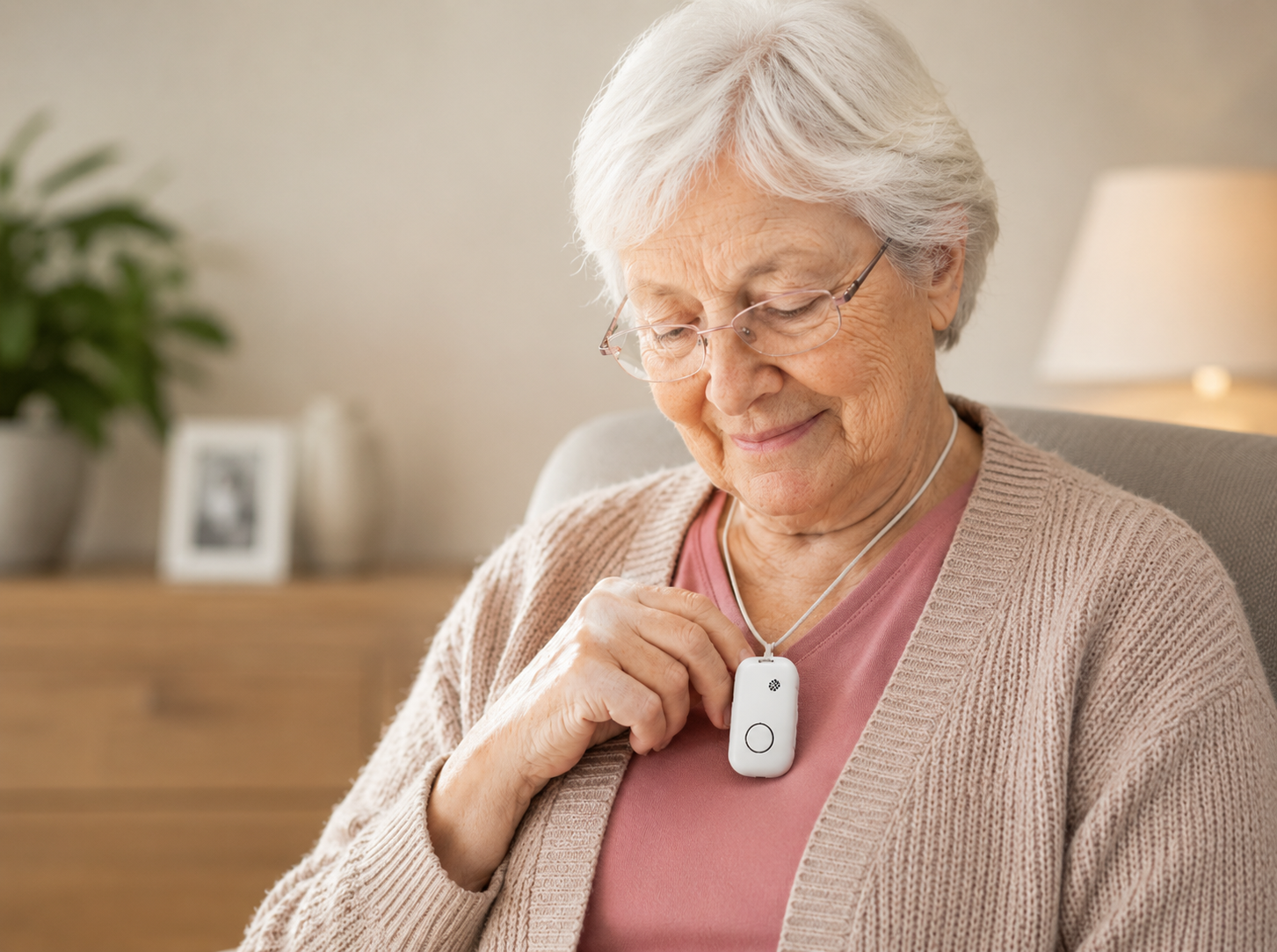 Older adult wearing a pendant emergency alert device indoors, holding it near her chest.