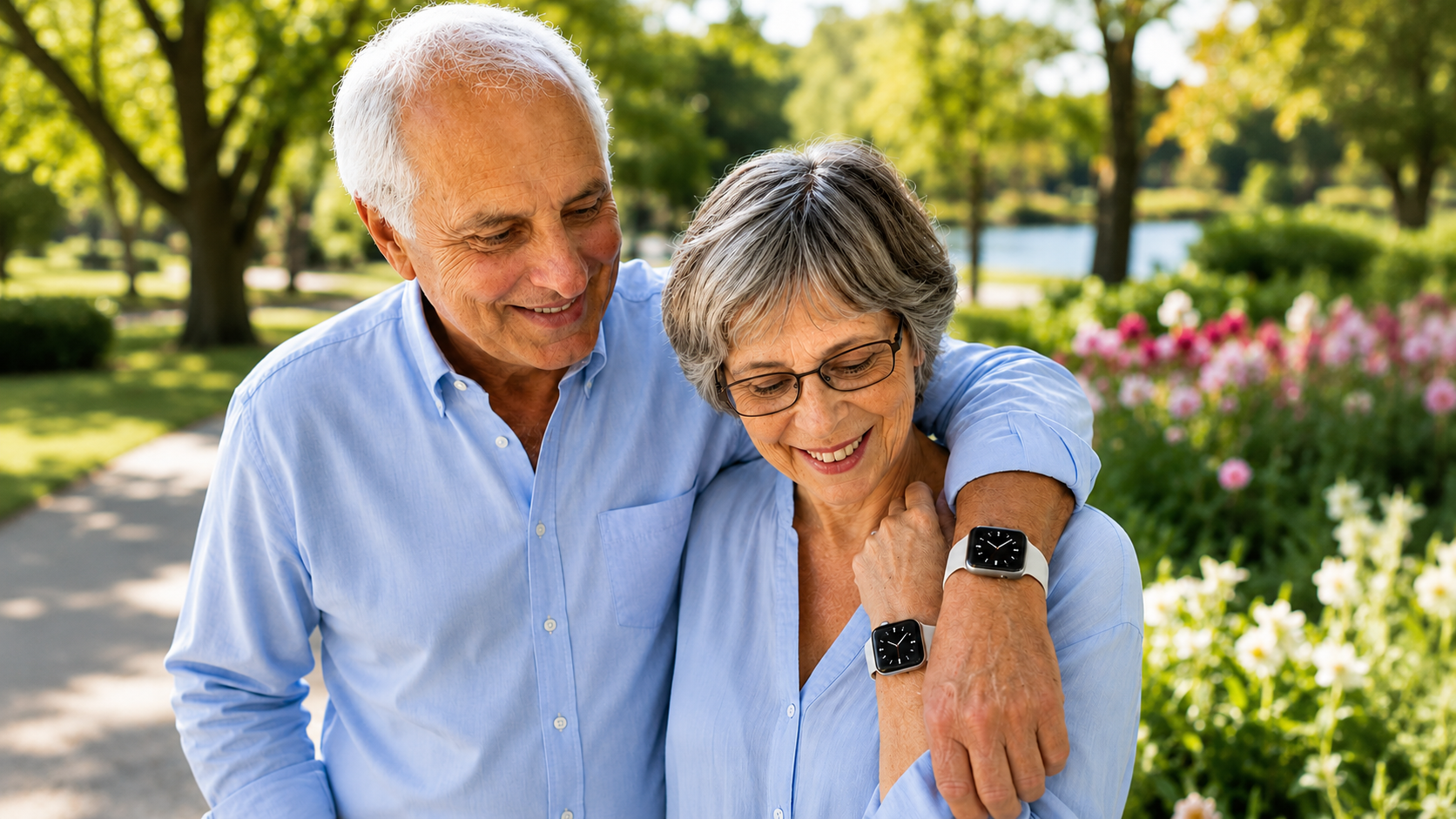 Elderly wearing apple smartwatches personal alarms