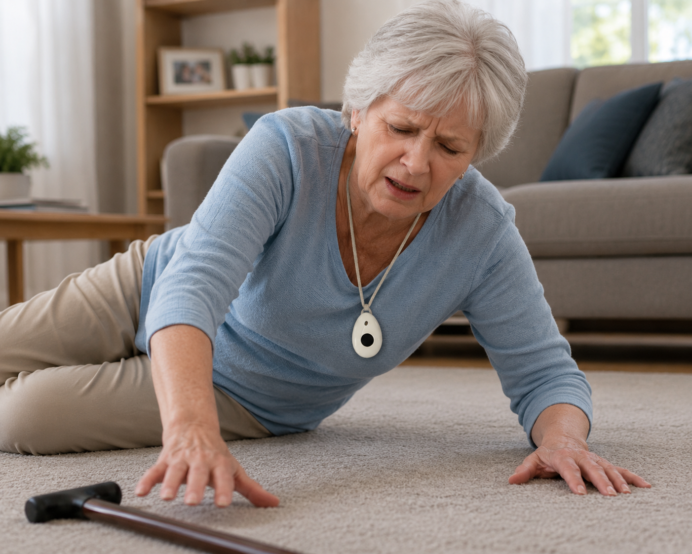 Senior wearing a personal alarm for added support after a fall at home