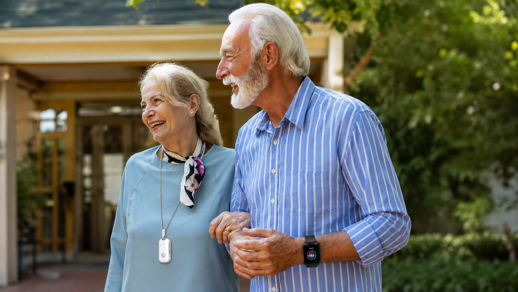 Older couple outdoors wearing an INS LifeGuard GPS-enabled SmartTracker personal alarm and SafetyWatch for safety away from home.