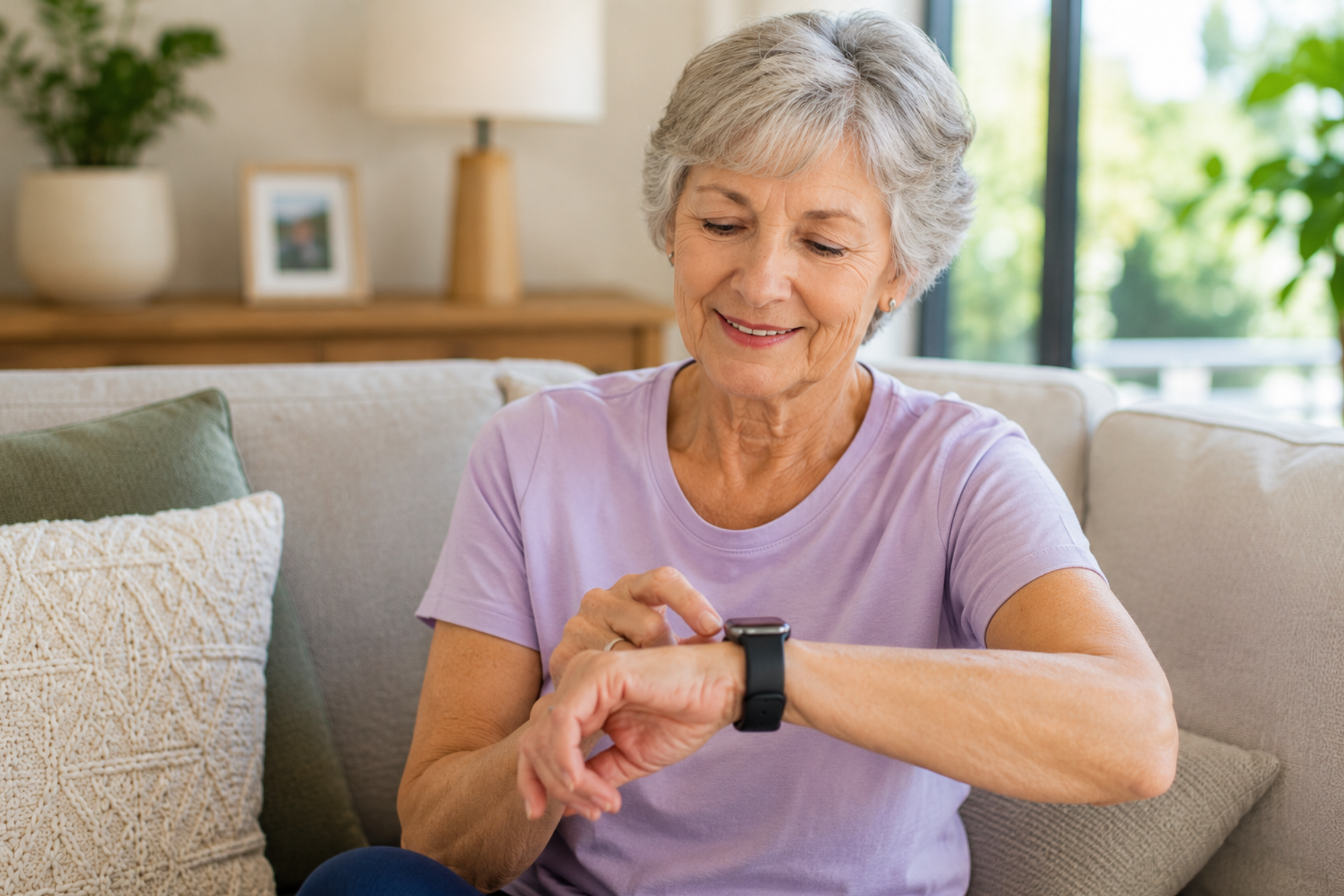 Senior woman using a smartwatch personal alarm at home in Australia