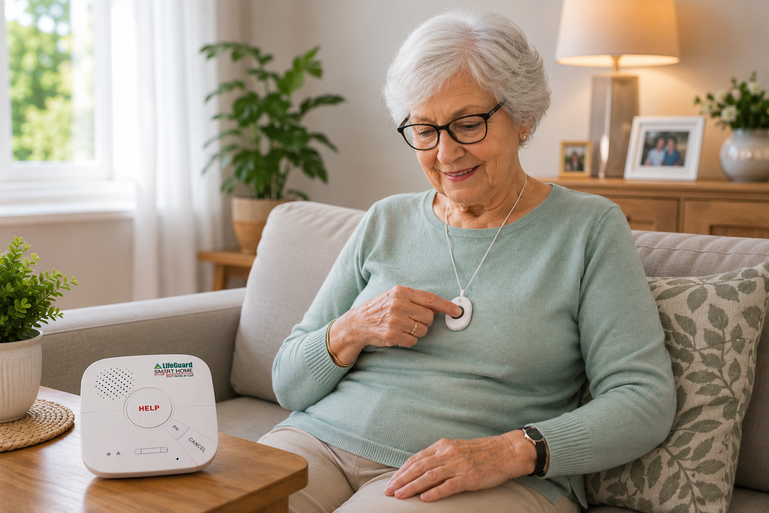 Older woman using an in-home personal alarm pendant beside an INS LifeGuard home medical alert unit.