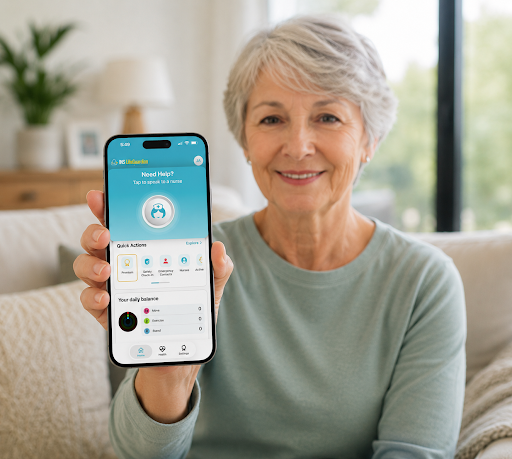 Senior woman using the INS LifeGuardian personal alarm app to access 24/7 nurse support