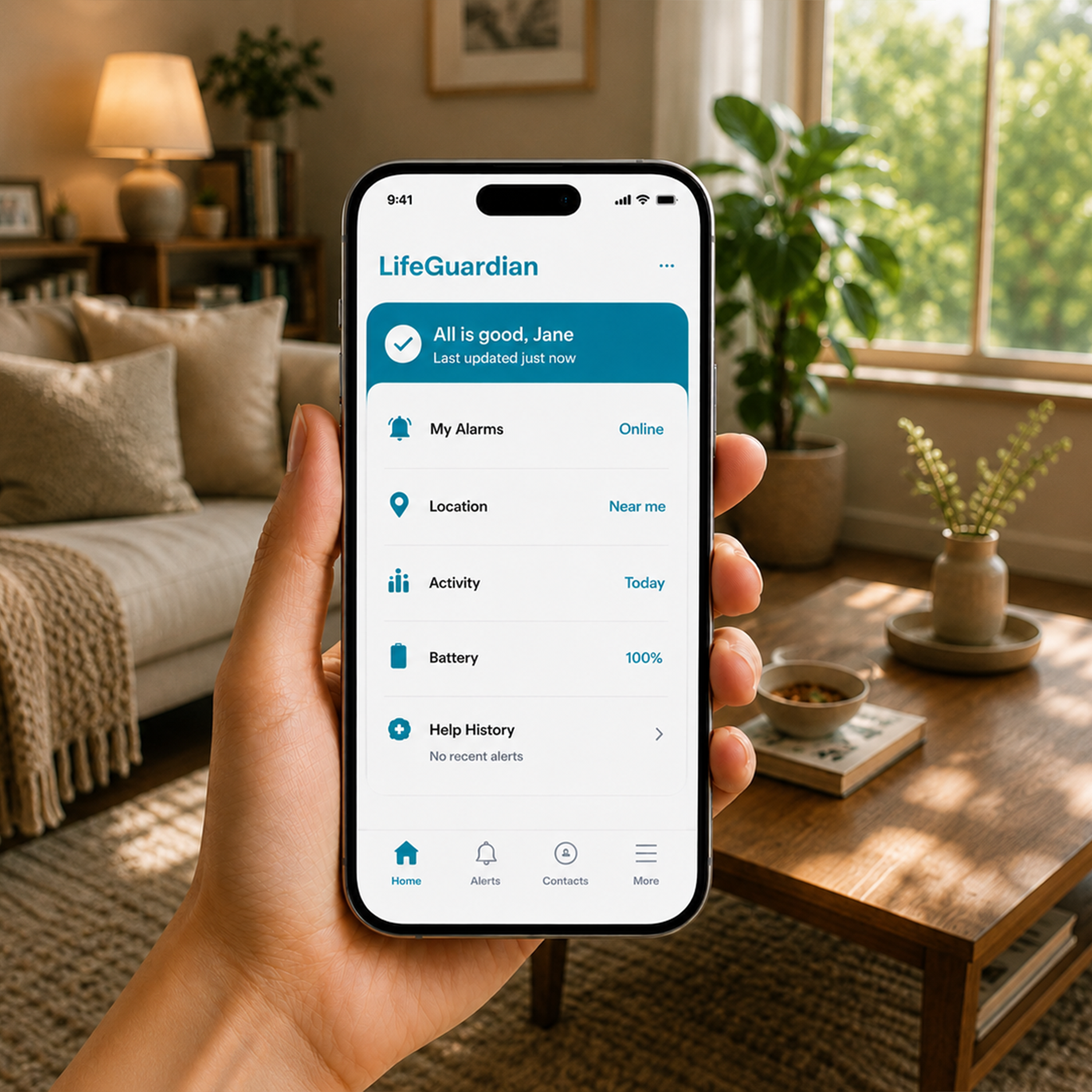 INS LifeGuardian app on a smartphone screen, showing the personal alarm SOS button