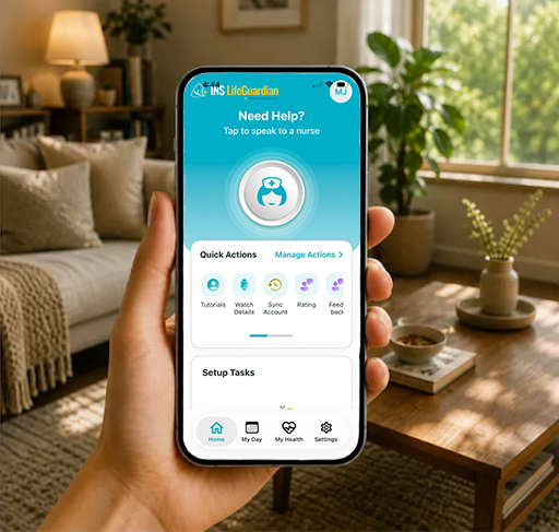 INS LifeGuardian app on a smartphone screen, showing the personal alarm SOS button