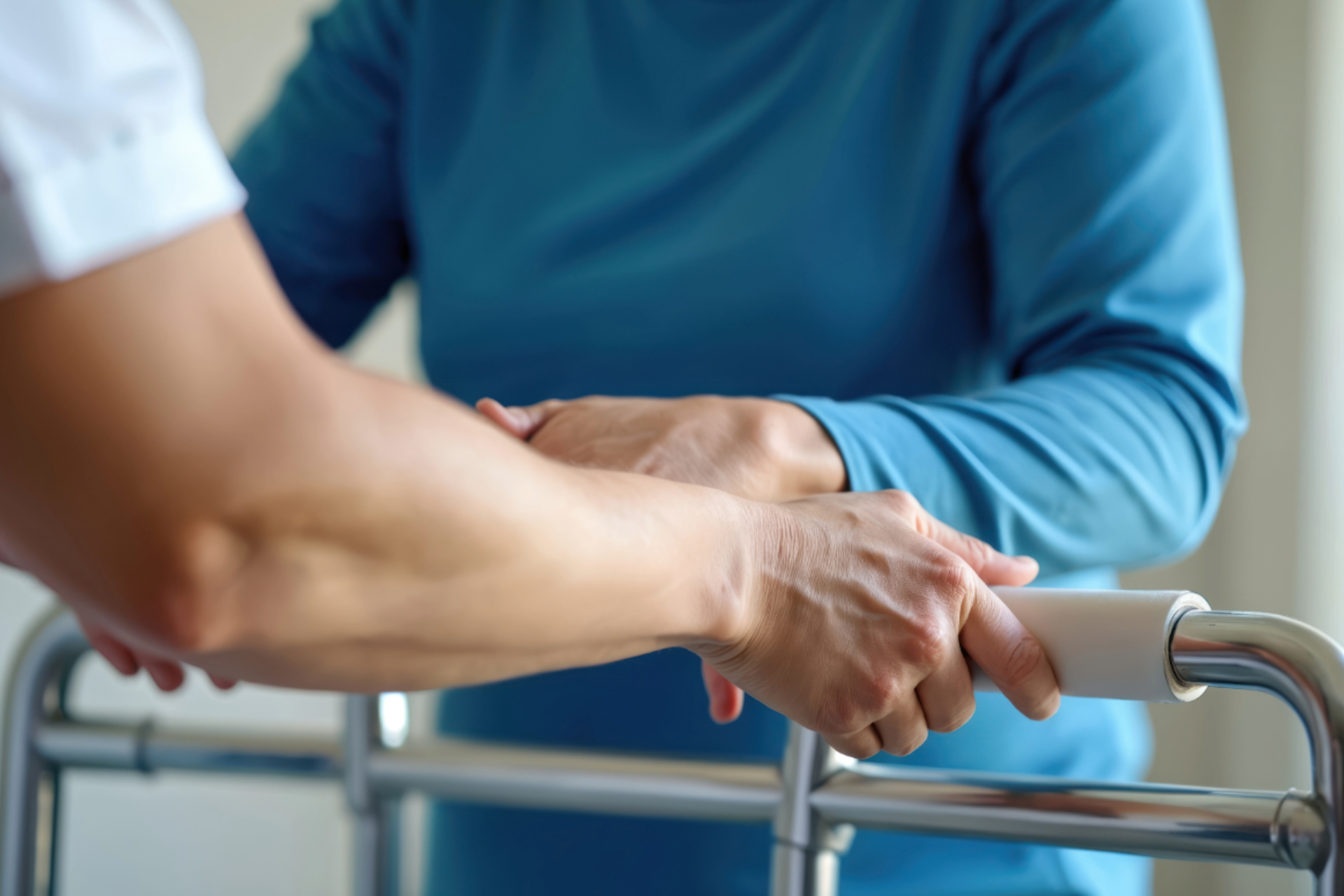 Person receiving mobility support at home using assistive equipment 
