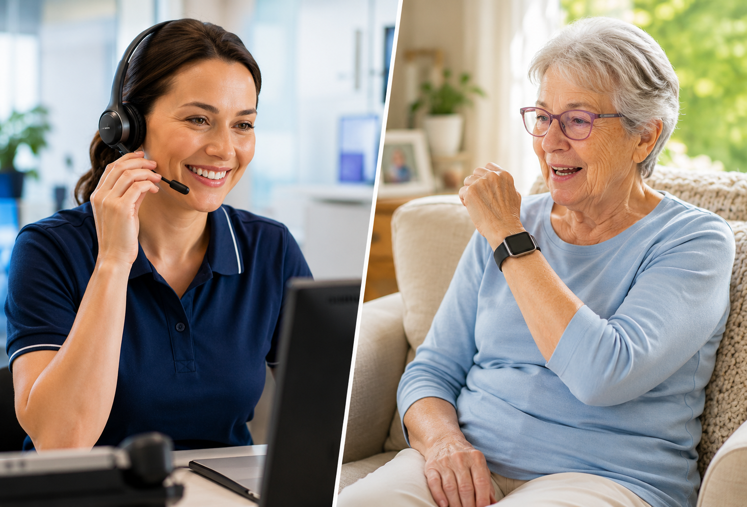 Personal alarm call on smartwatch  between a nurse a and an older woman at home