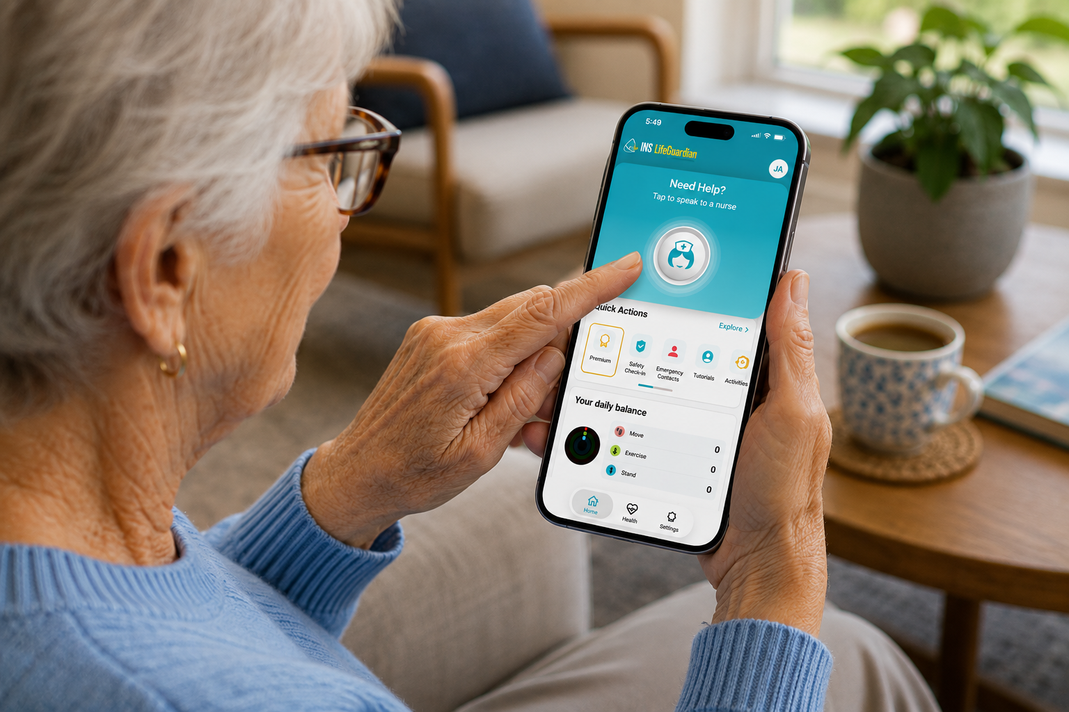 Older person using the INS LifeGuardian® App on a smartphone to access emergency help and safety features.