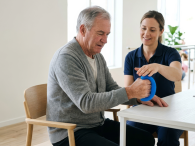 The therapist helps a man use a blue hand exerciser at a table, representing support for Providers such as OTs