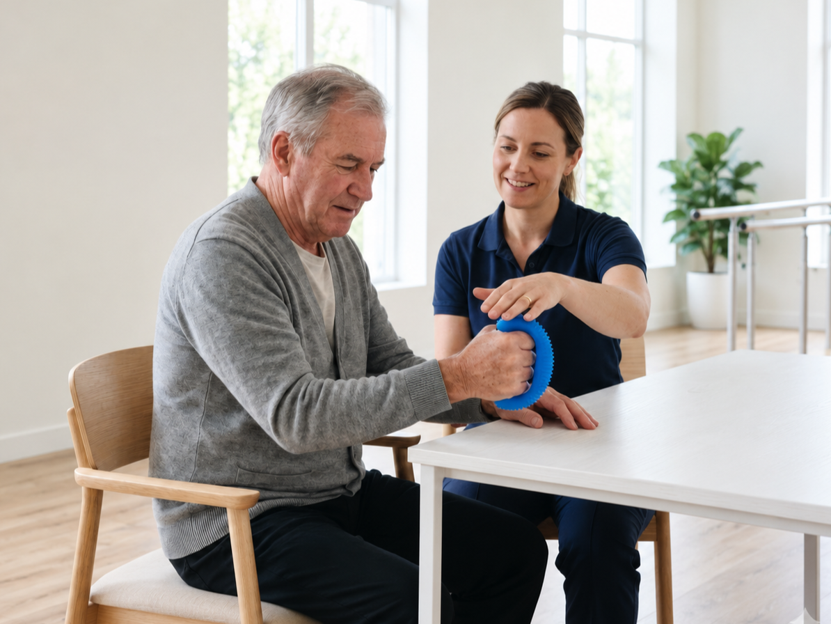 The therapist helps a man use a blue hand exerciser at a table, representing support for Providers such as OTs