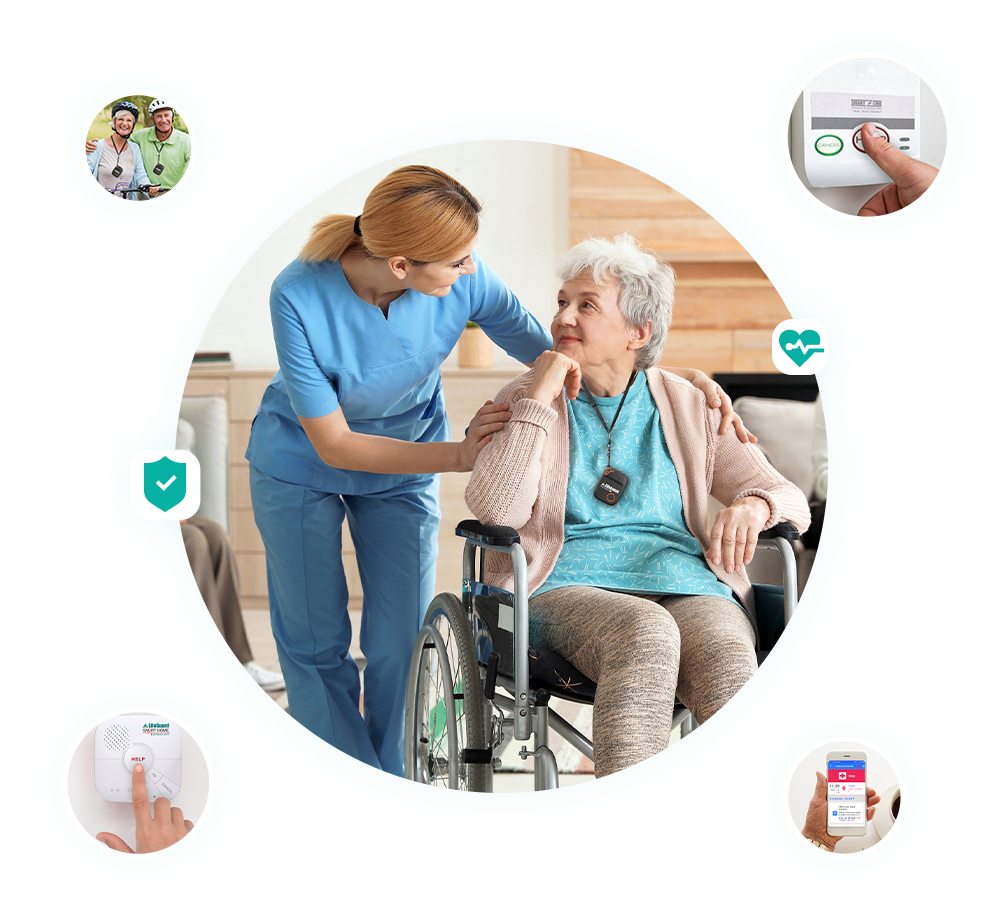 a carer reassuring an old woman in a wheelchair