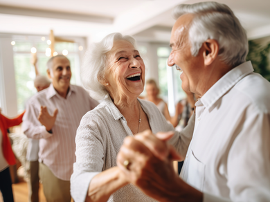 Smiling seniors dancing together at a bright indoor gathering representing support for Retirement Villages