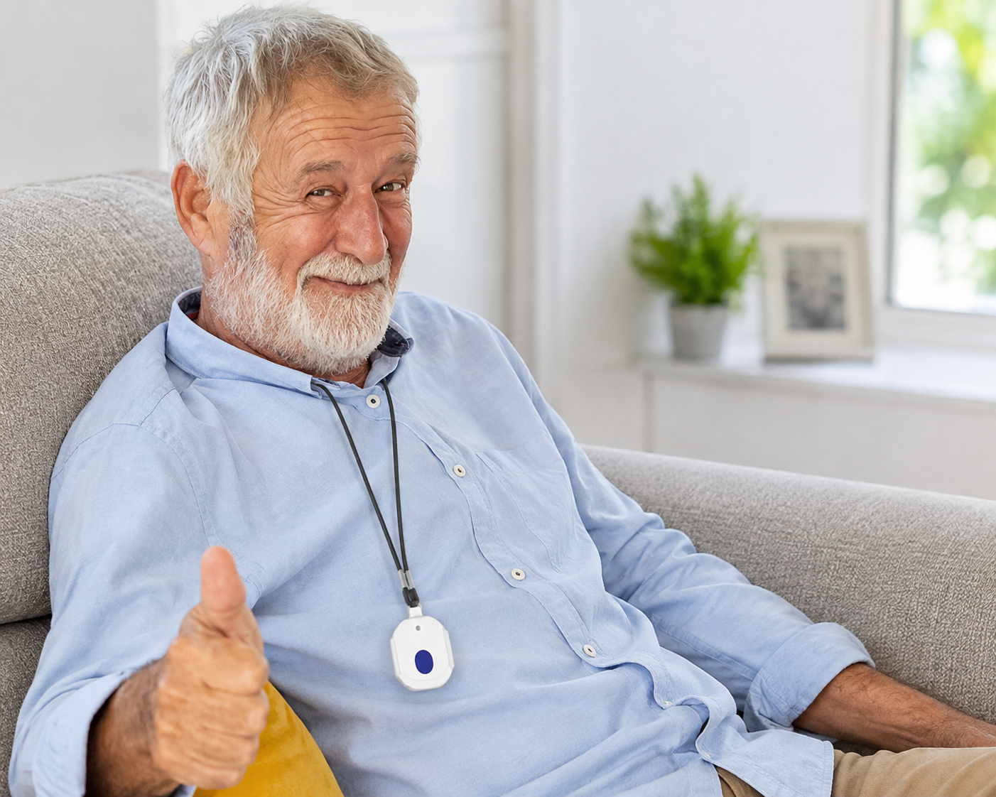 Older man at home wearing a personal alarm pendant. 