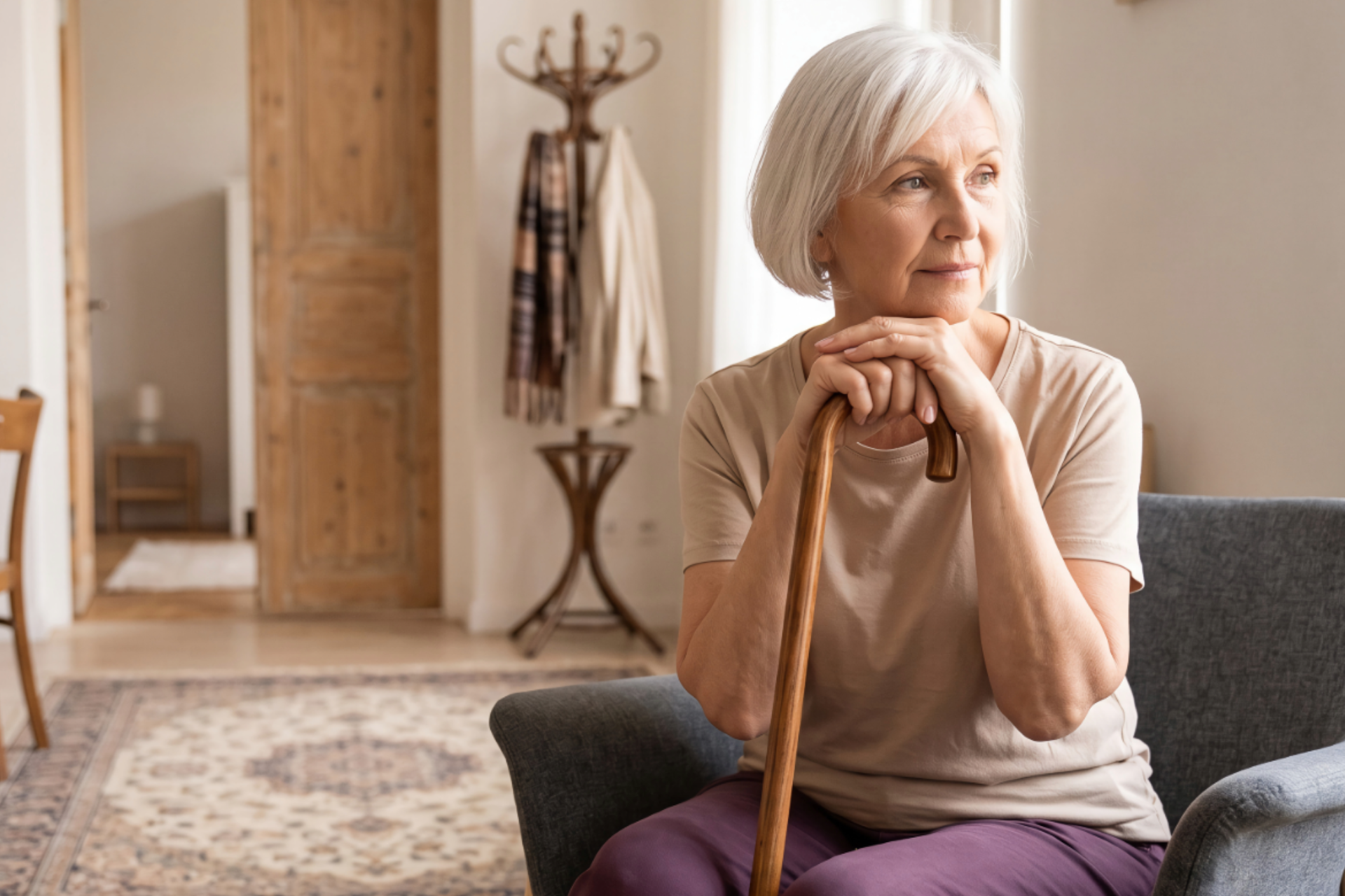 Older woman at home waiting for Support at Home services.
