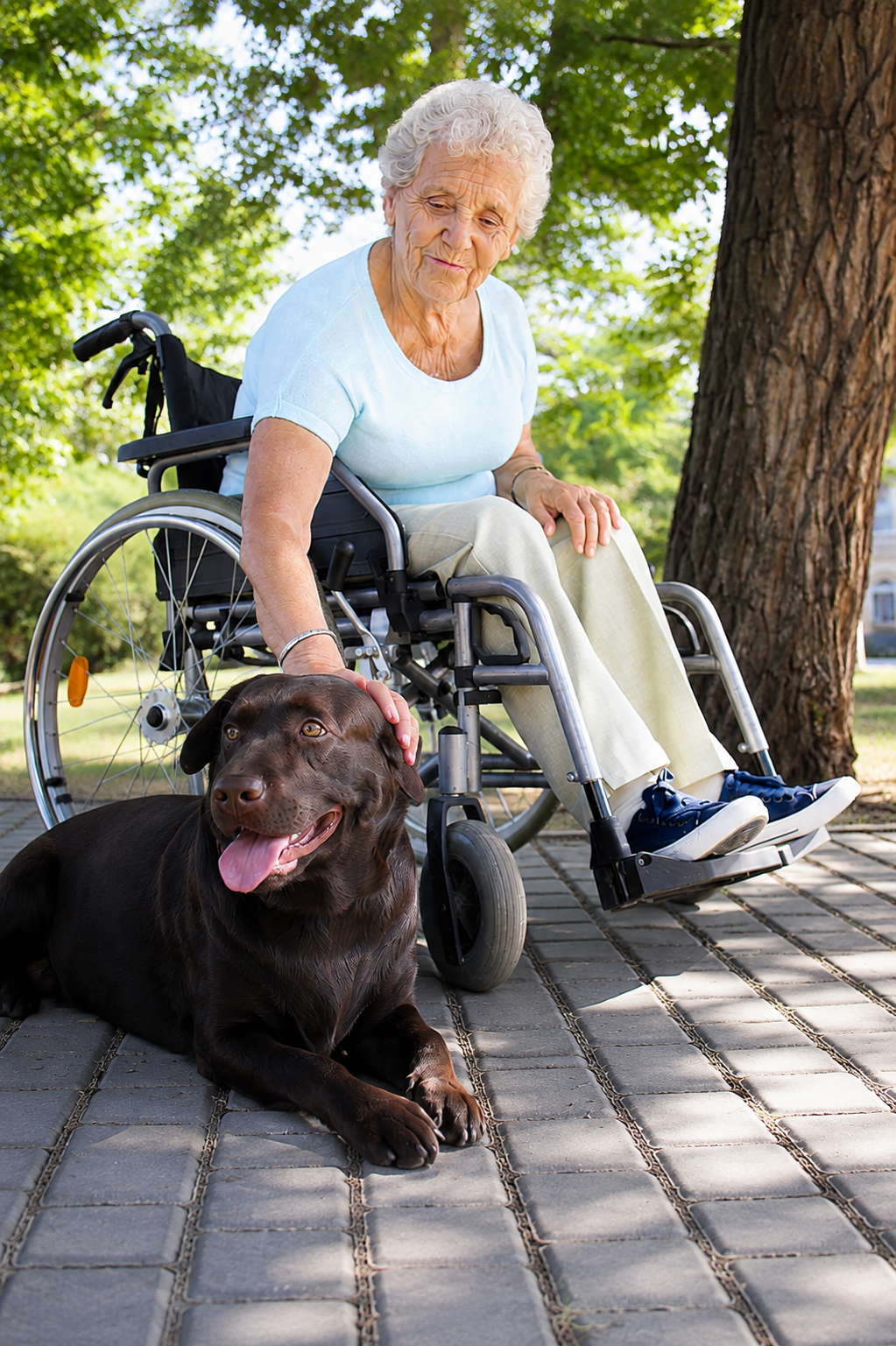 Older woman using a wheelchair outdoors with an assistance dog