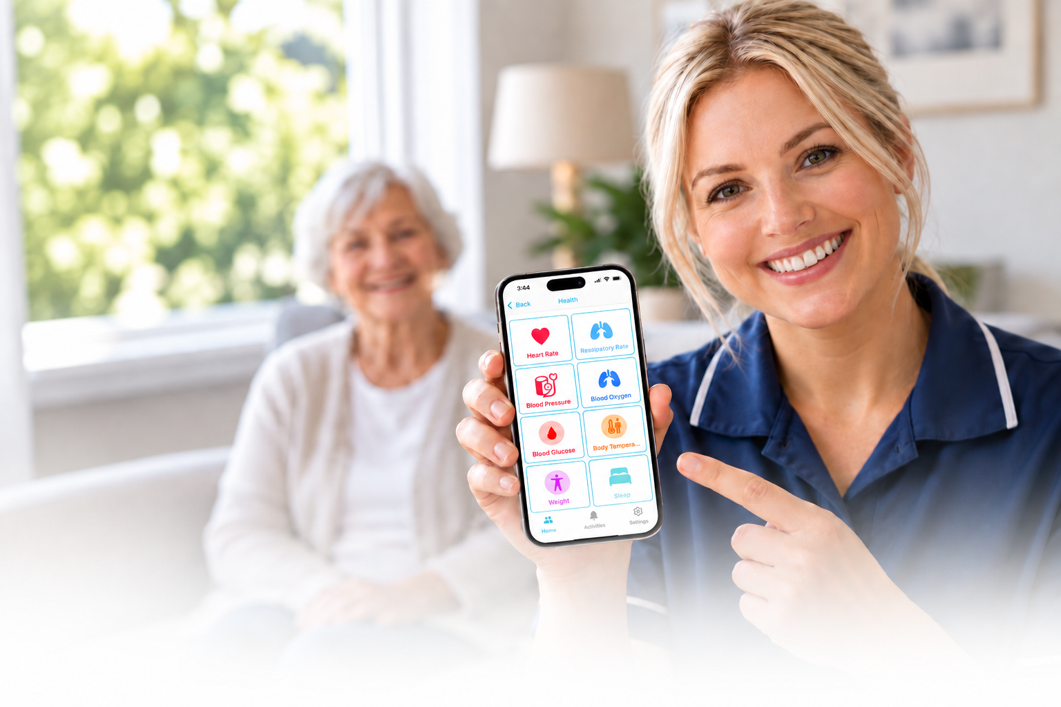 Woman holding a smartphone app screen, smiling and pointing