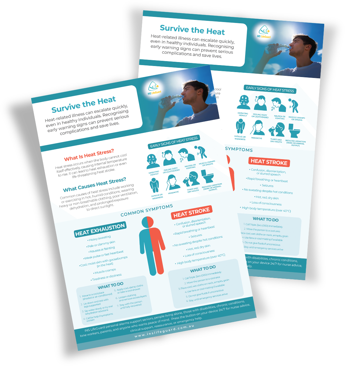 Surviving the heat: person drinking water, symptoms, dehydration, heat stroke prevention.