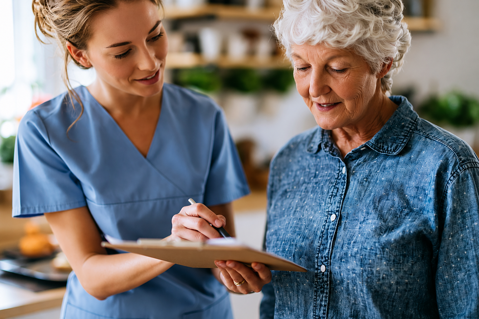 Caregiver in blue scrubs shows a clipboard to an older woman in a denim shirt, both smiling.