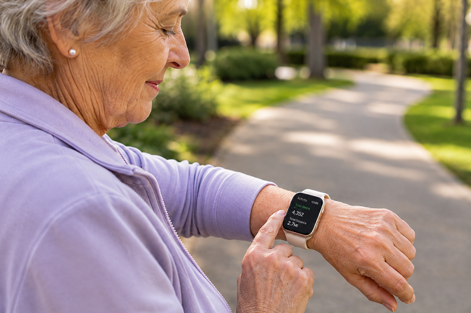 Older woman wearing a smartwatch with gait monitoring technology while walking outdoors.
