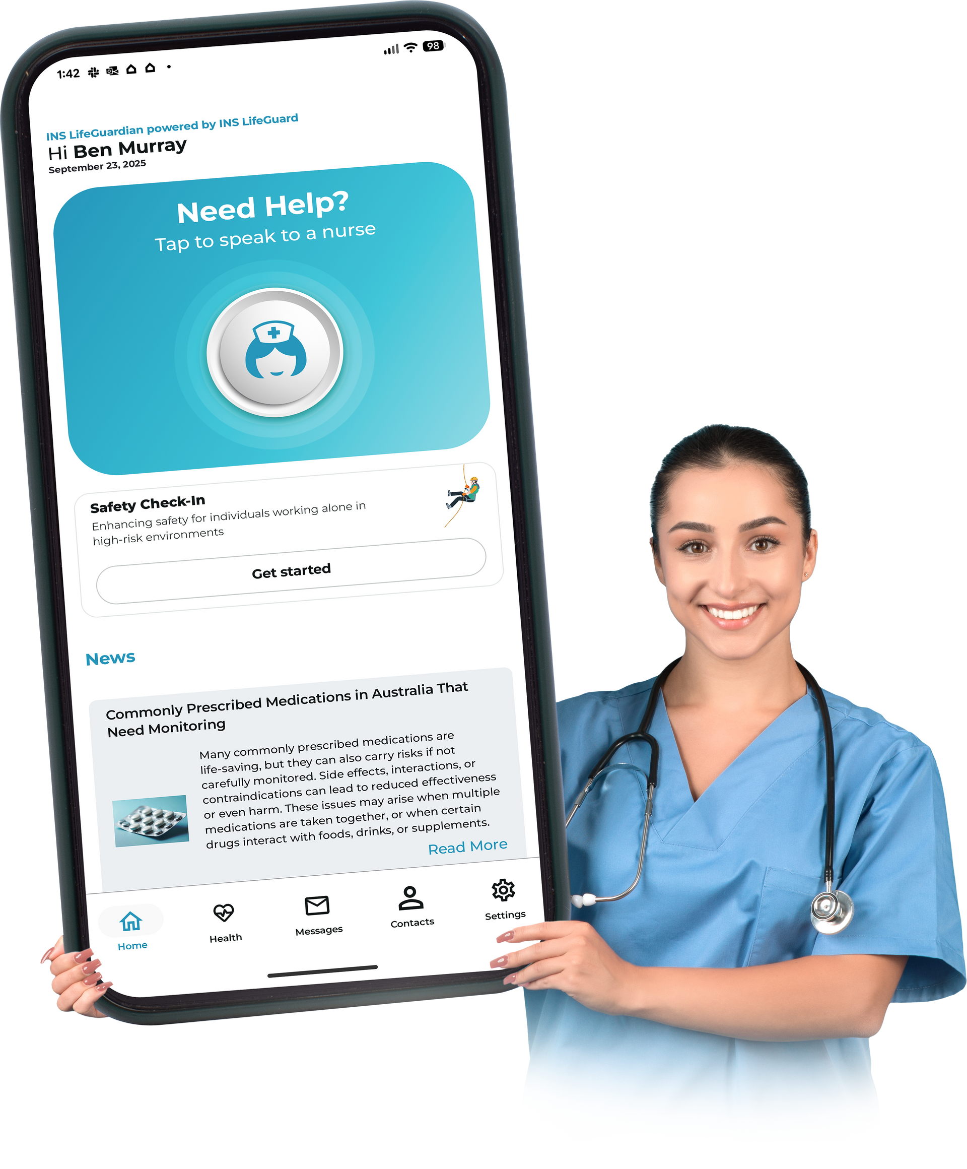 Nurse holding a phone with the INS LifeGuardian app