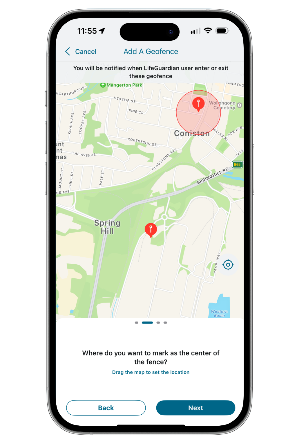 INS LifeGuardian Connect® app screen for setting up a geofence, showing a map with a pin marking the centre of the boundary.