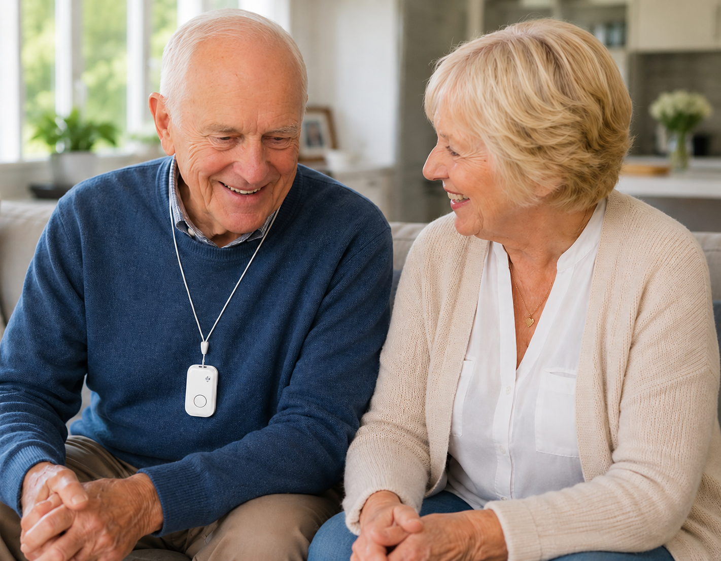 Older Australian couple at home, with the man wearing a monitored personal alarm pendant.
