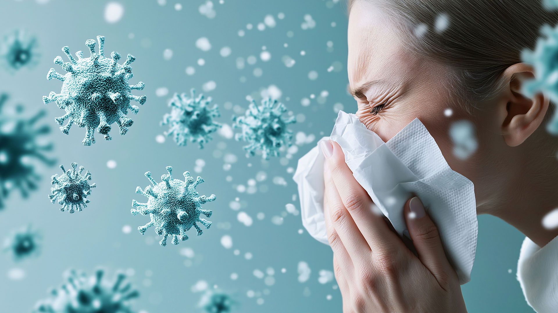 Woman sneezing into a tissue, surrounded by blue virus particles.