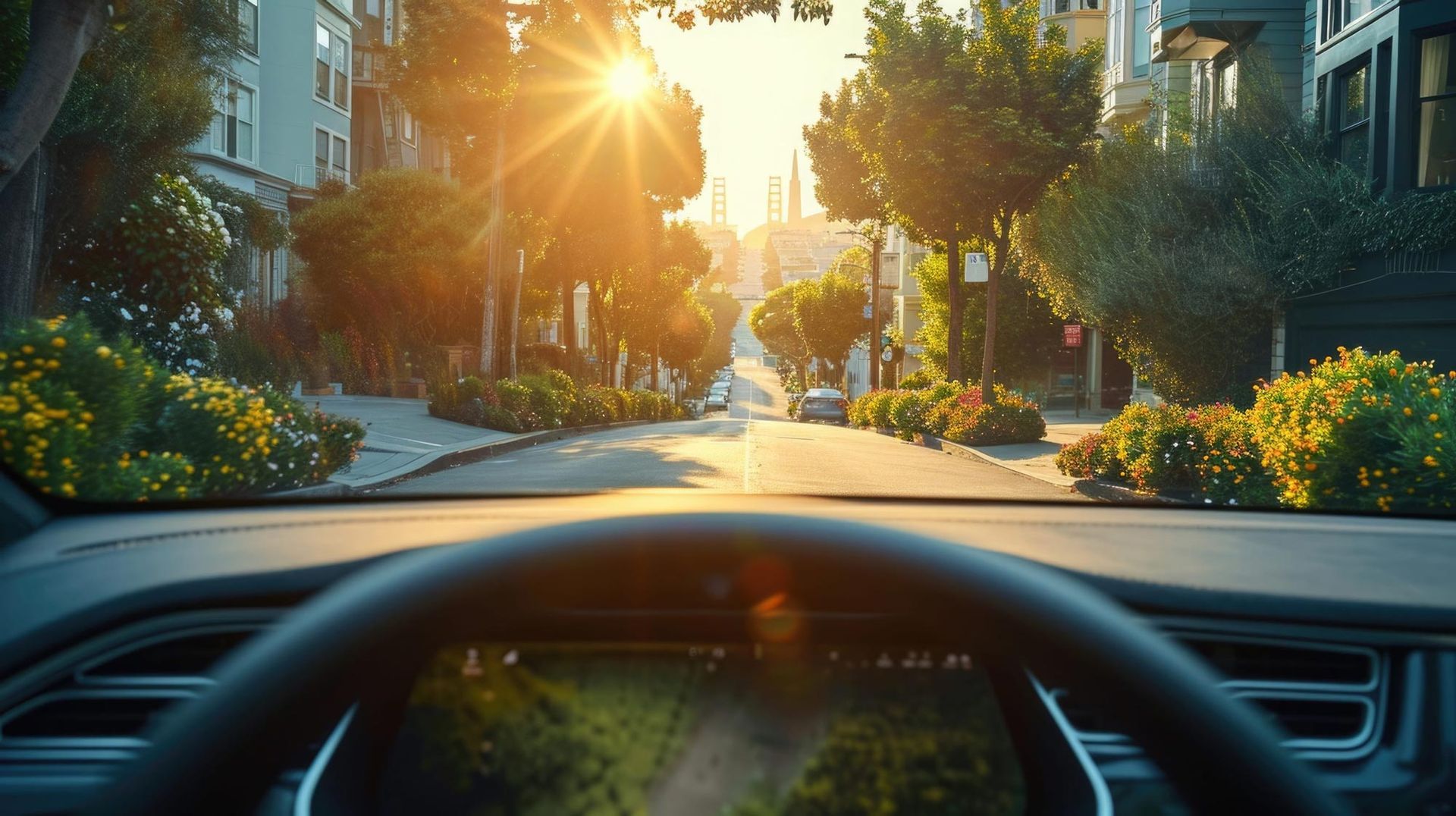 Sunlit residential street seen from a car, with trees, houses, and a warm golden glow.