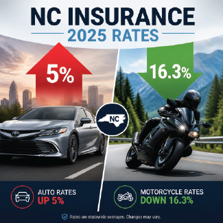 NC Insurance 2025 rates: auto rates up 5% and motorcycle rates down 16.3% on split car and bike graphic