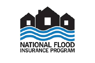 Logo: Black houses above blue waves, with