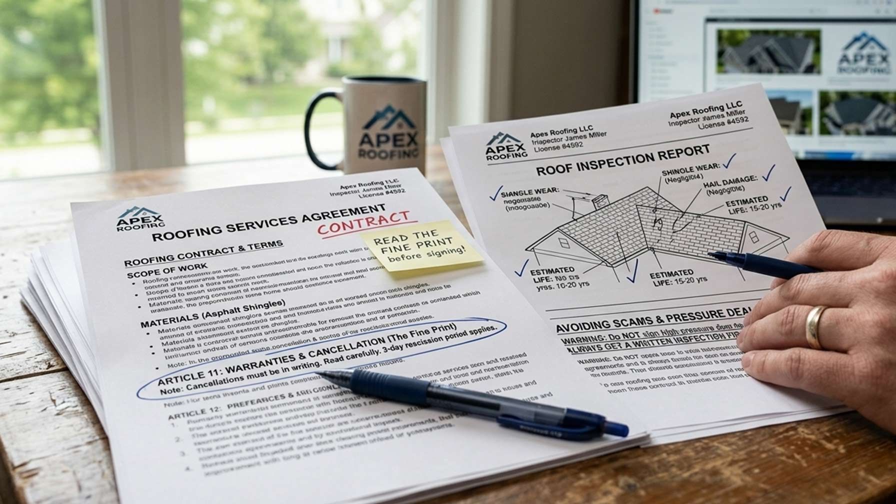 Close-up of a roofing contract and a professional inspection report, emphasizing the importance of reading the fine print and avoiding high-pressure door-to-door deals.